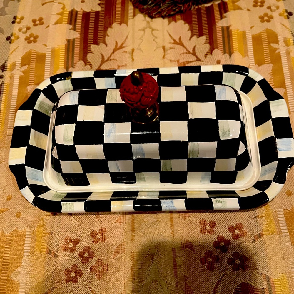 Mackenzie Childs Courtly Check  Checkered Butter Dish with Red Knob